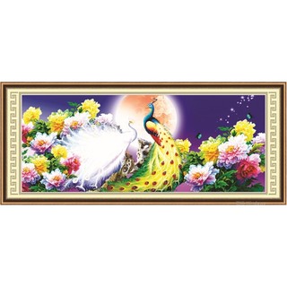 Tranh thêu chữ thập công khổng tước ngắm trăng Ailuo 3D AL53550 |150x66cm| chưa thêu
