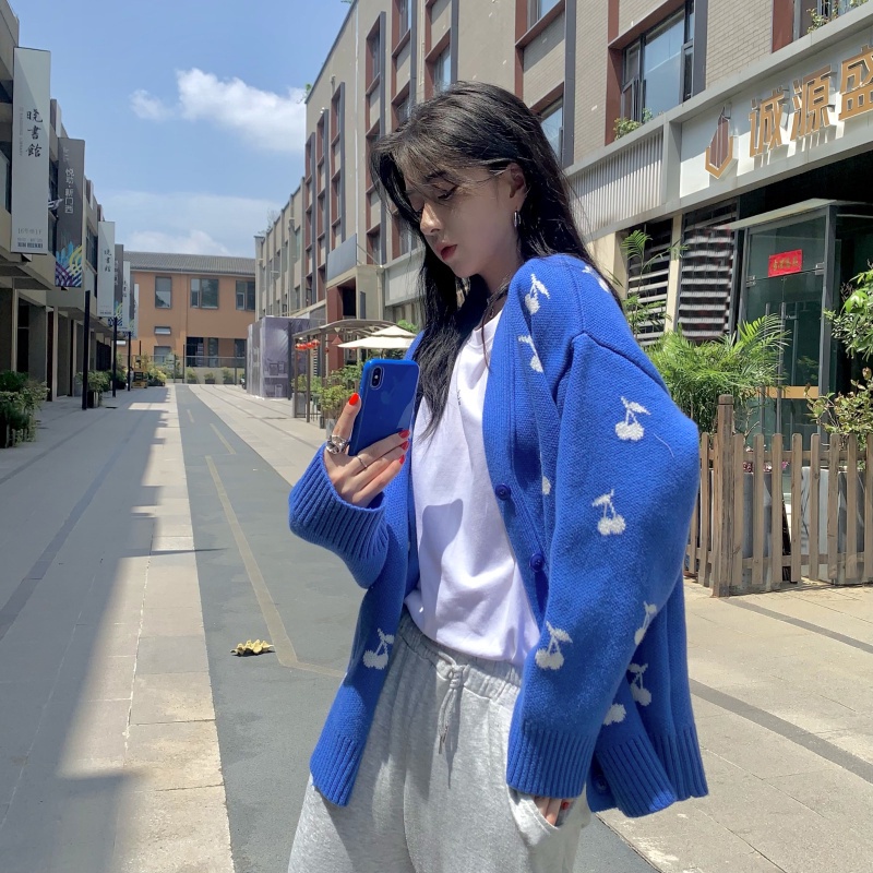 Cardigan họa tiết cherry anh đào màu / xanh biển chất mịn