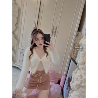 Áo khoác len lông croptop gài một nút tay dài hàng QC