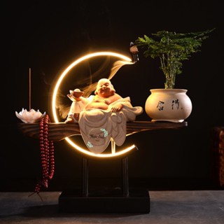 Thác Khói Trầm Hương Tượng Phật Di Lặc Cỡ lớn Đèn LED, Thác trầm khói ngược tượng Phật Di Lặc