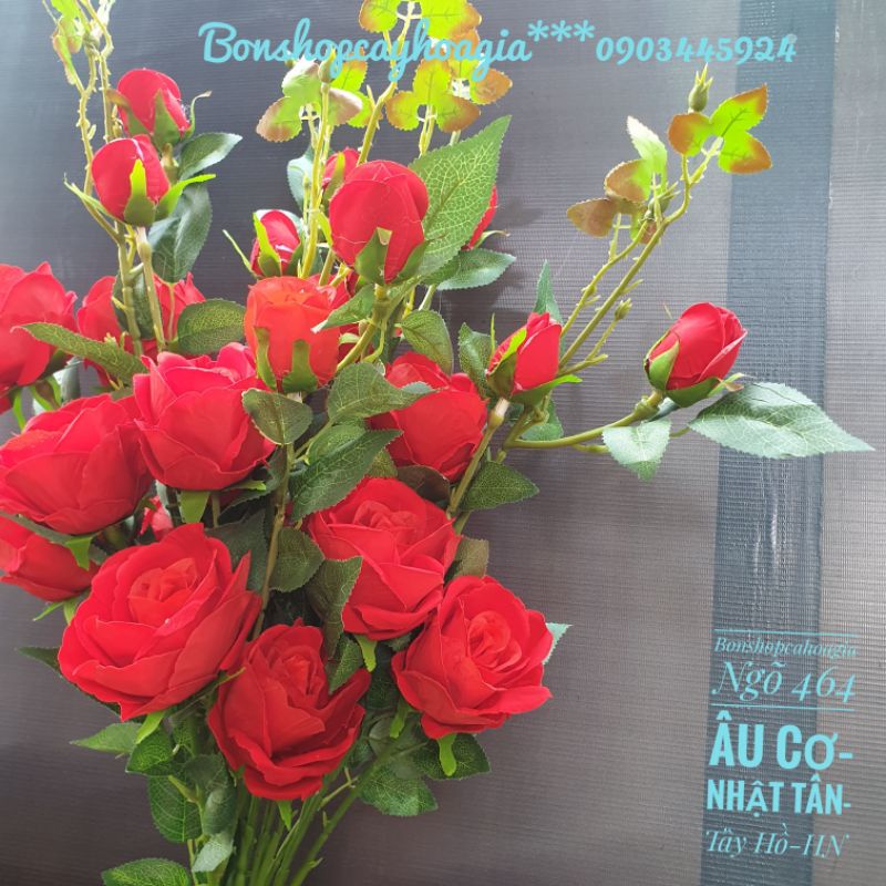 Cành hoa hồng nhung 3 bông,2 nụ nhiều lộc,cao 1m15.