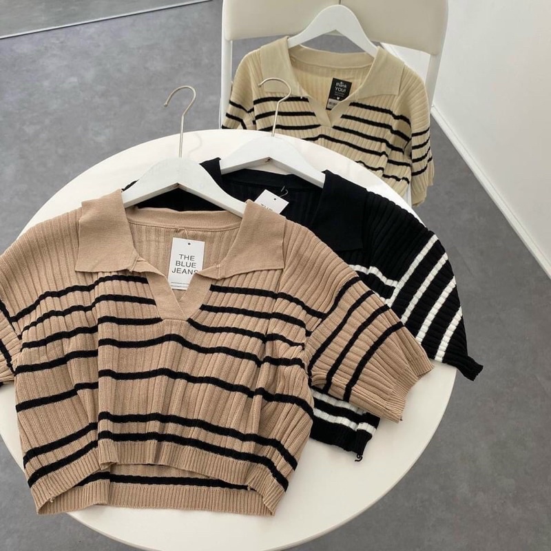 Áo len tăm Croptop cổ bẻ hoạ tiết kẻ ngang dáng A rộng