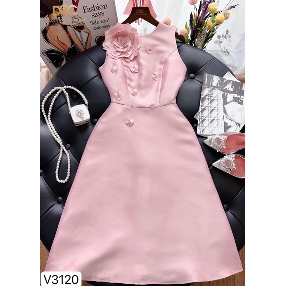 V3120 váy chữ A màu hồng gắn hoa