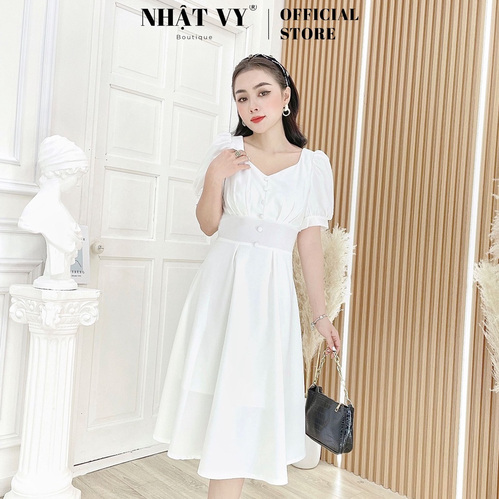 Váy Đi Tiệc NHẬT VY Cổ Vuông Tay Ngắn Phối Cúc Bọc Dáng Xoè Chất Cotton Màu Trắng, Đen, Đỏ - D2395