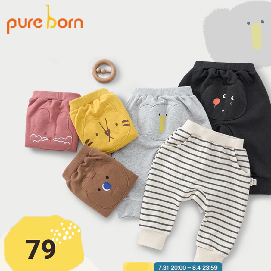 Quần Bé Trai, Bé Gái PURE BORN Vải Nỉ Da Cá Dày Ấm Mông mặt thú, Quần Dài Cho Bé Mặc Nhà Thu Đông T36