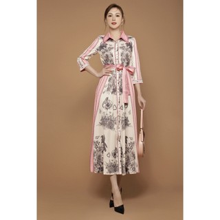 Đầm lụa sơ mi họa tiết nền hồng xinh xắn hàng nhập cao cao cấp