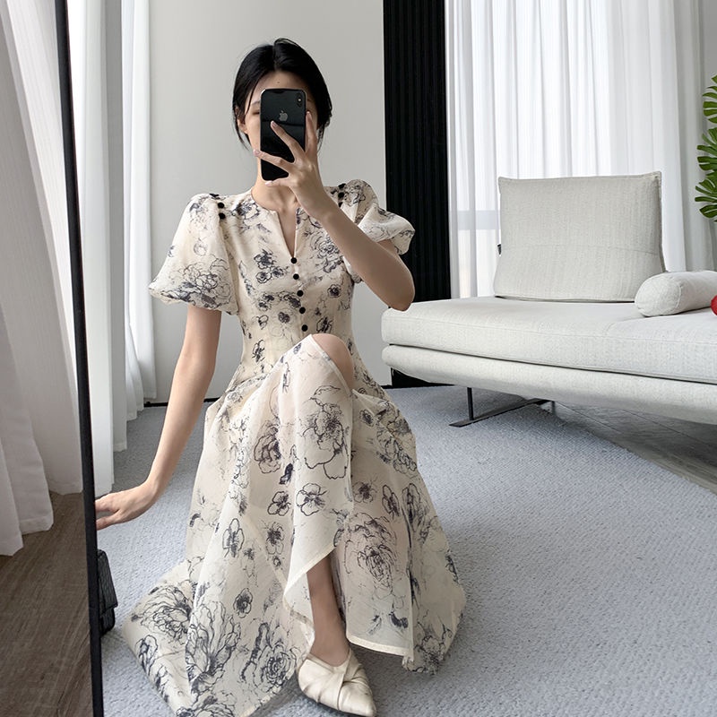 Đầm Chiffon Dài Tay Phồng Cổ Chữ V Eo Cao Thời Trang Mùa Hè 2022 Cho Nữ