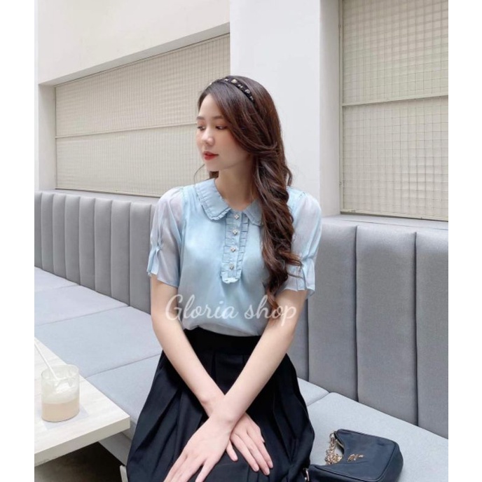 Áo sơ mi nữ tay ngắn cổ sen xếp bèo