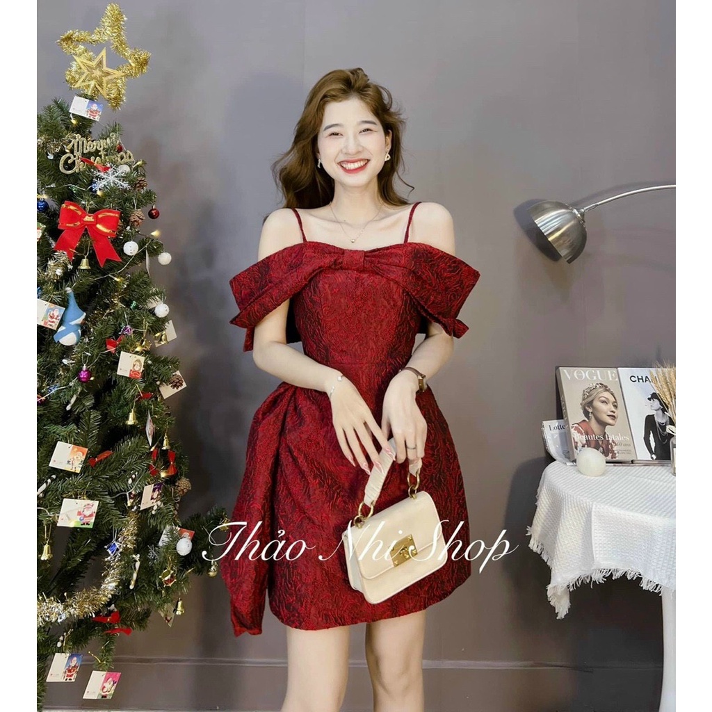 [12.12 Sales Freeship] Đầm gấm nổi 2 dây trễ vai phối nơ mặc đi cưới, đầm đắp chéo bẹt vai dáng xòe sang chảnh dx