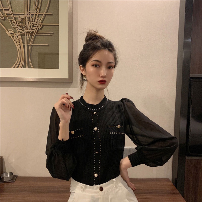 Aphrod Áo Sweater Dệt Kim Chiffon Cổ Tròn Khoét Rỗng Phối Màu Tương Phản Đơn Giản Thời Trang Cho Nữ