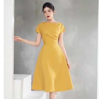 Đầm dáng xòe ❤️freeship❤️ cổ tròn ngực xếp ly nhún eo vai đính hạt túi 2 bên