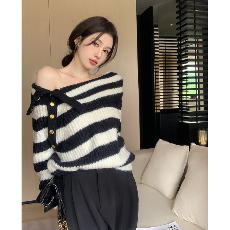 Áo Sweater Chui Đầu Tay Dài Mềm Mại Không Dây Kẻ Sọc Phong Cách Lười Phong Cách S