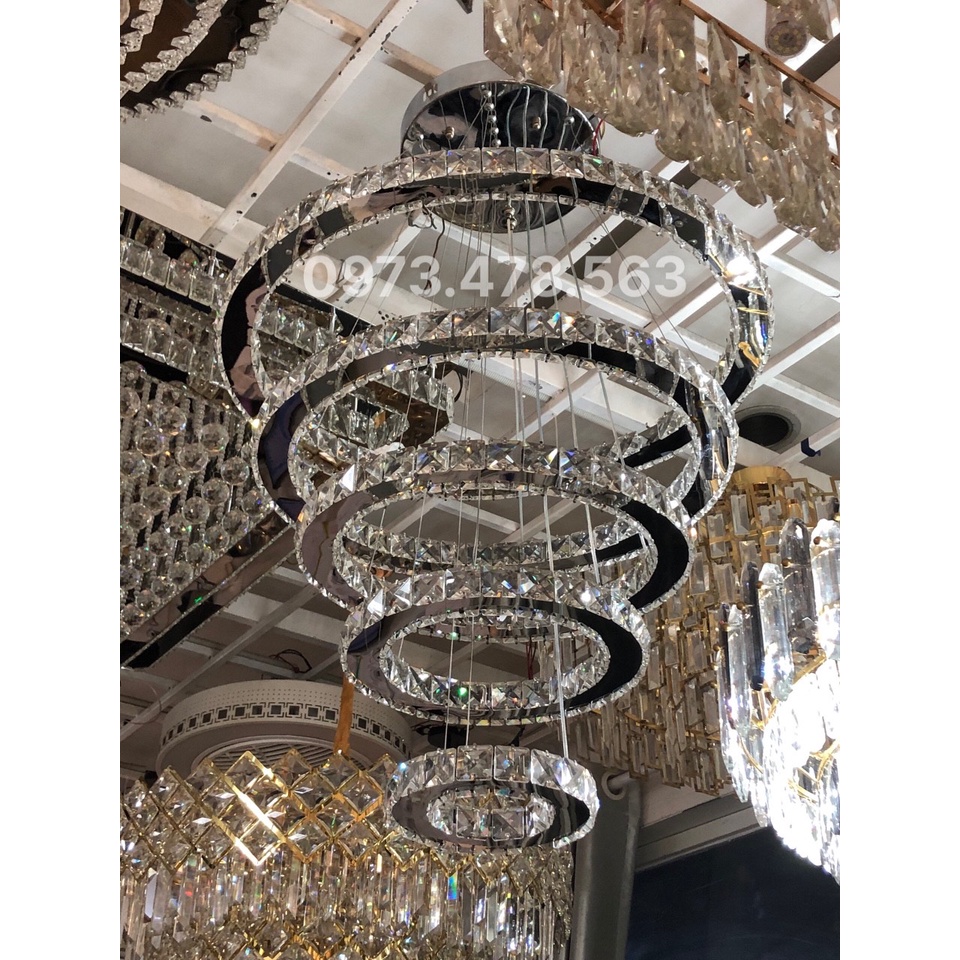 Đèn thả thông tầng 5 vòng pha lê bản to có 3 chế độ ánh sáng,Đèn thả cho trần nhà cao có dây rút tùy chỉnh