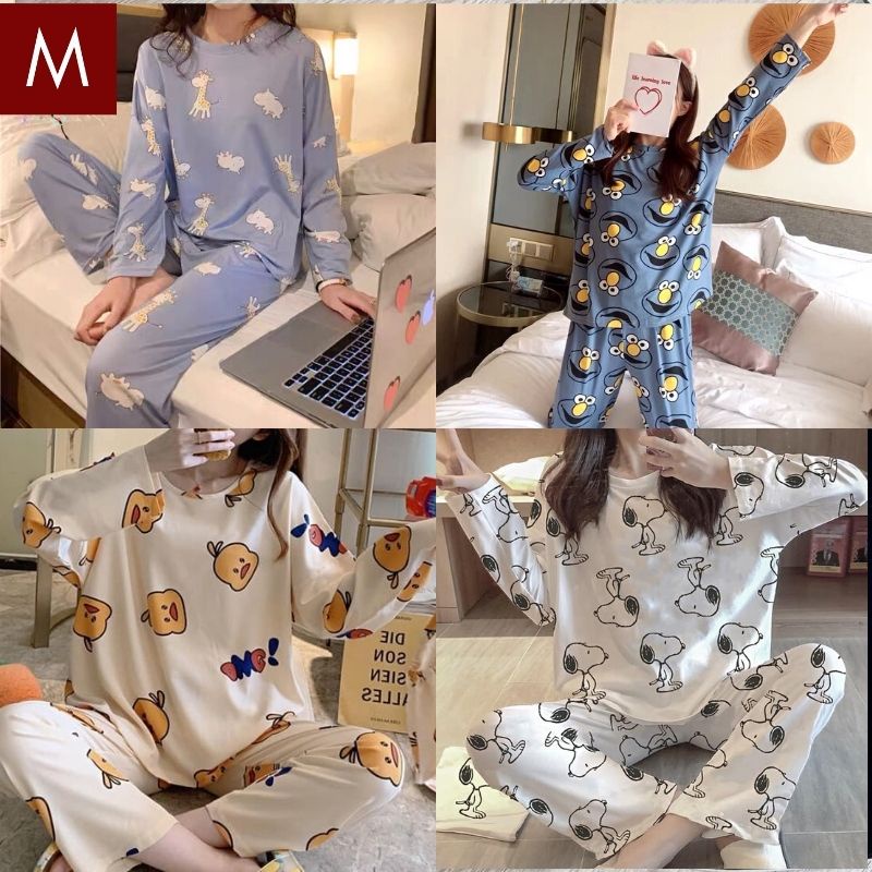 Bộ ngủ nữ pijama dài tay chất thun cotton họa tiết hoạt hình hot, Đồ ngủ nữ thu đông cute nhiều màu siêu xinh - MAGIDO
