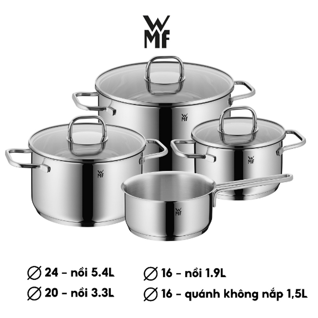 Bộ Nồi WMF INSPIRATION 4 Món Đáy Từ 3 Lớp Nguyên Khối Thép Không Gỉ Cromargan Size 24,20,16,16cm - 1730076380