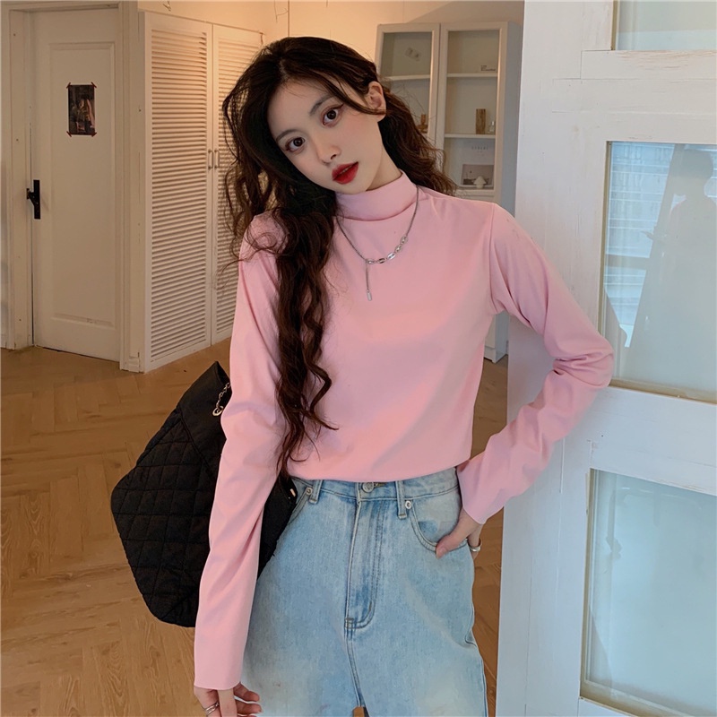 IELGY IELGY Áo Thun Nữ Dài Tay Cổ Lọ Màu Sắc Đơn Giản Phong Cách Hong Kong