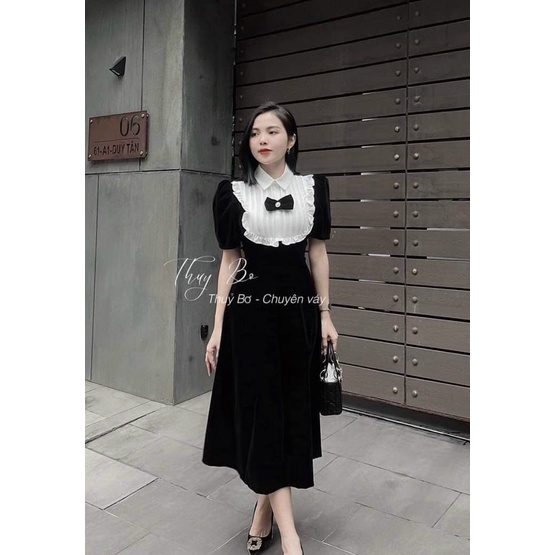 Đầm Phối cổ bèo dài xoè dập ly kèm nơ chất umi phối chéo nhung 2 màu y hình