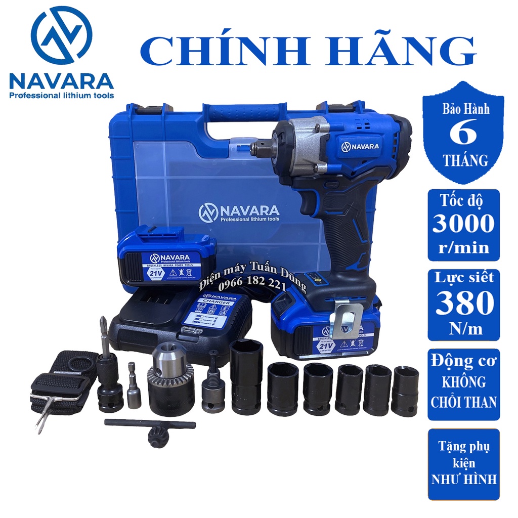 Máy siết bulong dùng pin Navara 6002 Động cơ Không Chổi Than Tặng Bộ đầu chuyển đổi + 6 Khẩu