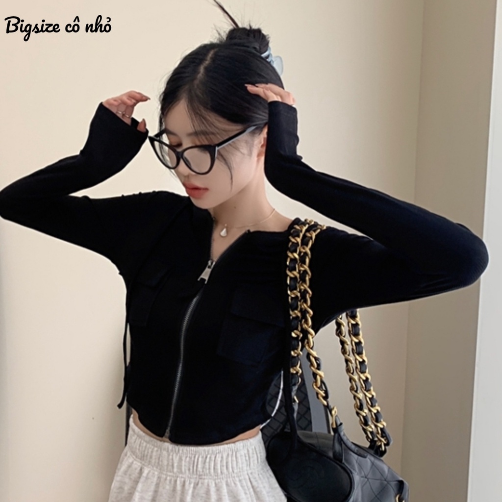 Áo Kiểu Croptop Nữ Bigsize Tay Dài Túi Hộp Có Mũ Chất Thun Gân Cao Cấp Tôn Eo Tôn Dáng G18