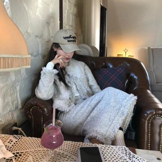   Sẵn  Set Dạ Tweed Áo Khoác Vest Nữ Croptop Tay Dài Cổ Tròn Chân Váy Chữ A Dài Cạp Cao Kiểu Hàn Quốc Thu Đông SD098 