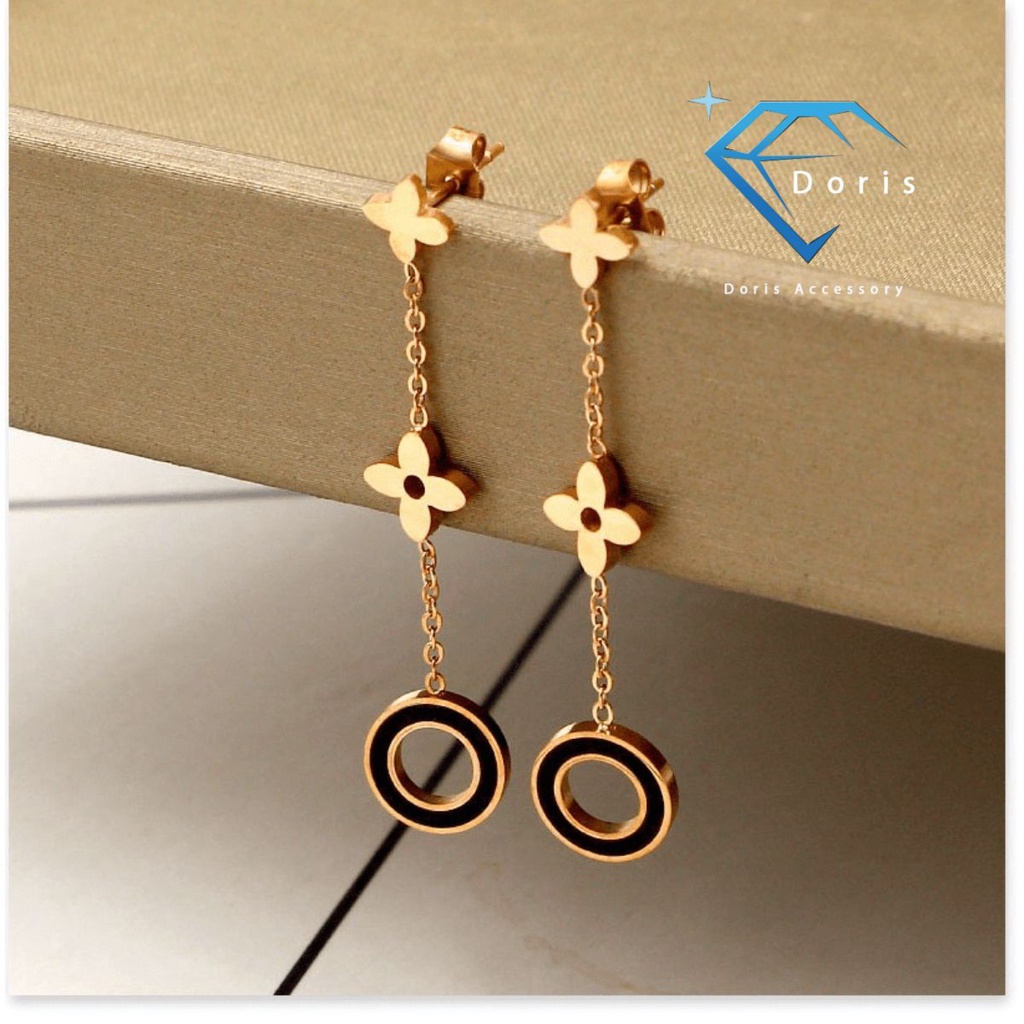 Bông tai nữ Doris titan dài khoanh tròn viền đen Gold / Rose Gold TT1018