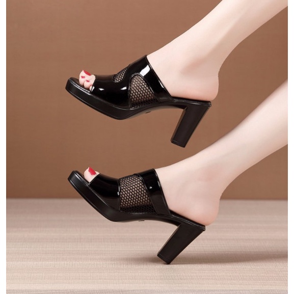Dép cao gót nữ mẫu quai lưới pha da gót vuông 3 phân, 5 phân, 7 phân và 8 phân bền đẹp, Thời Trang KH07 mẫu quai lưới