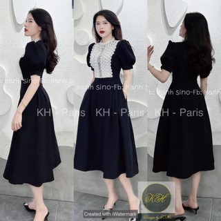 Váy nhung tay bồng cổ ren túi hông DN33