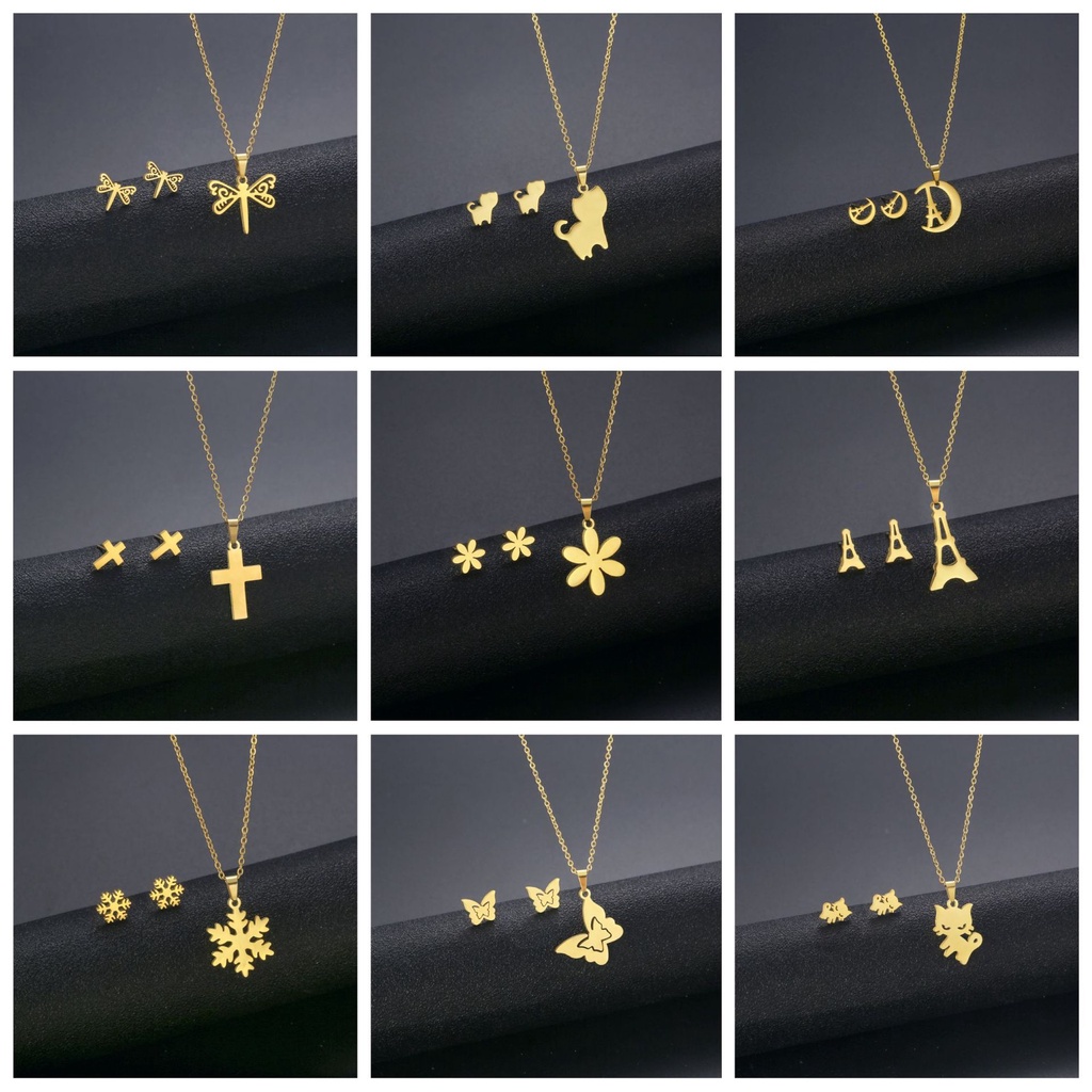 Set Vòng cổ Và Bông Tai Bằng Thép Không Gỉ Mạ Vàng 18K Hình Hoa Đơn Giản Thời Trang A2S2