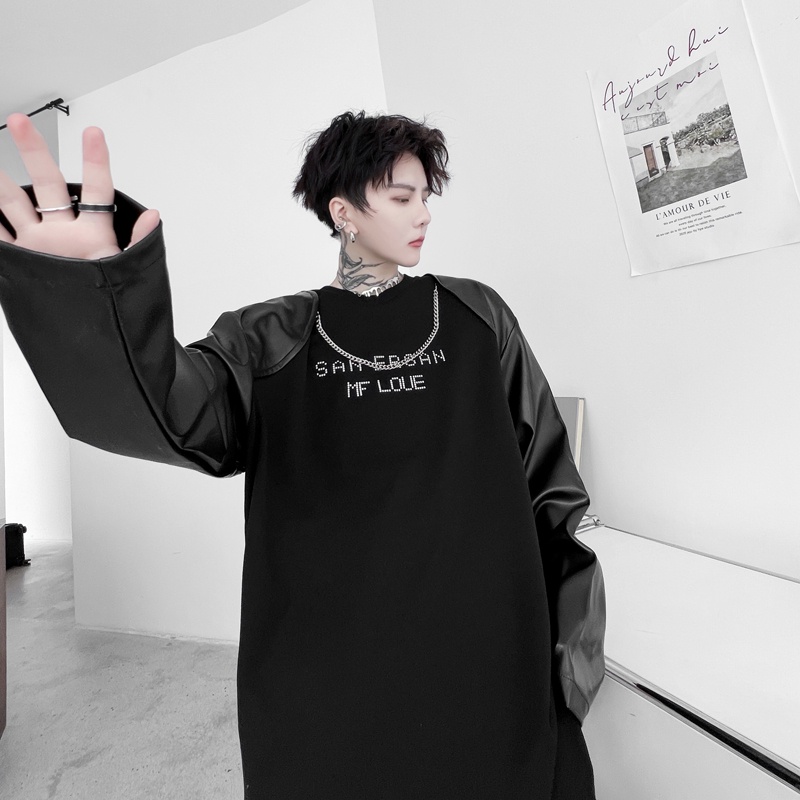 Áo Thun Tay Dài Cổ Tròn In Họa Tiết Kim Loại Phối Da Thời Trang Mùa Thu Mới Cho Nam