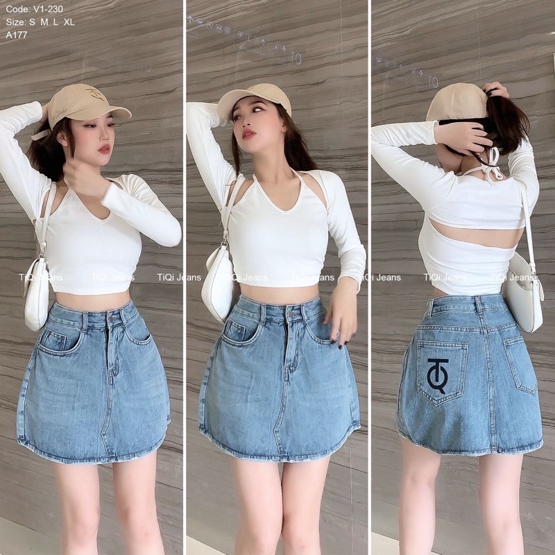 Chân váy jean dáng chữ A có lót quần cạp cao