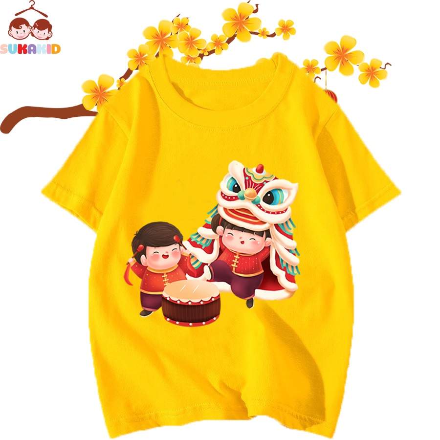 Áo thun trẻ em tết 2 bé múa lân trống cho bé từ 6kg-30kg.AT10.