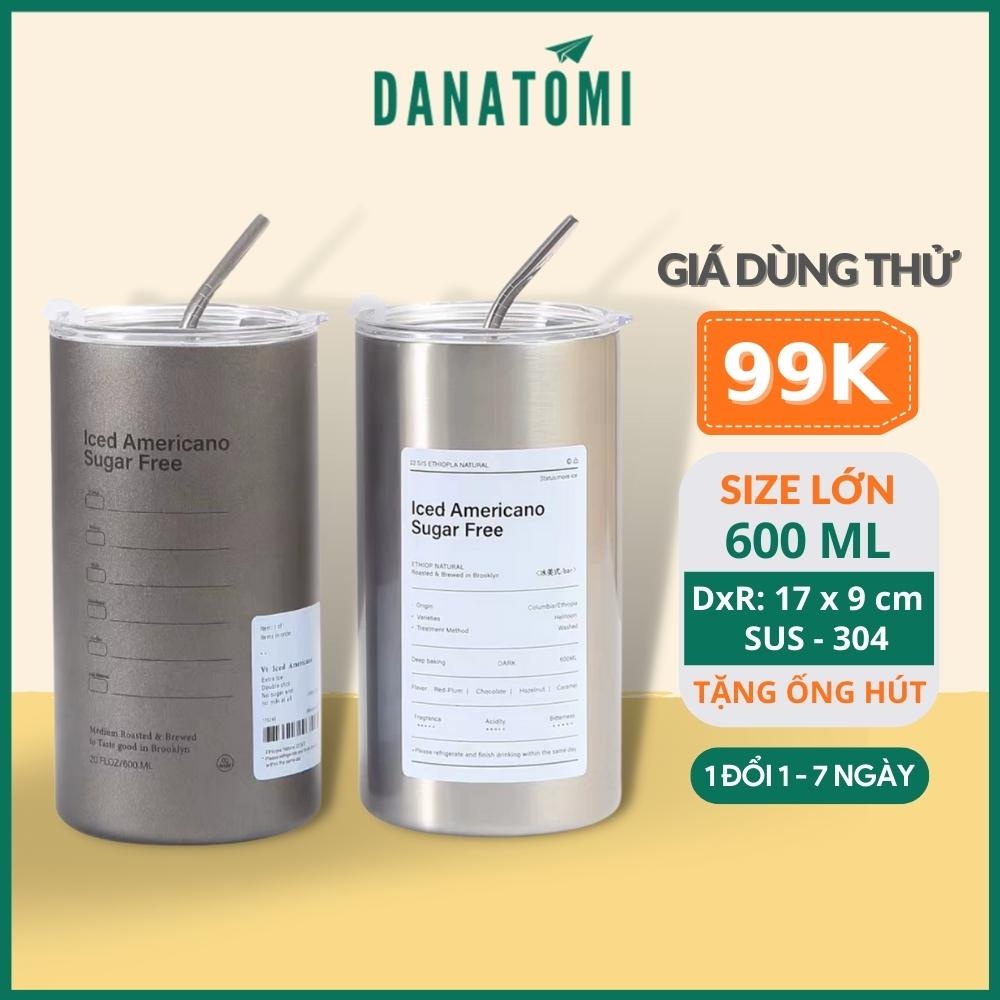 Ly Giữ Nhiệt Iced Americano Inox Hình Trụ, Cốc Giữ Nhiệt Đựng Cà Phê Có Kèm Ống Hút Tiện Lợi