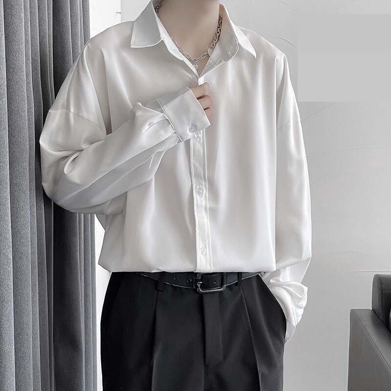 Áo sơ mi nam nữ dài tay WoO Unisex Basic TRƠN Form rộng màu trắng và đen Chất cotton lụa mịn mát Bigsize