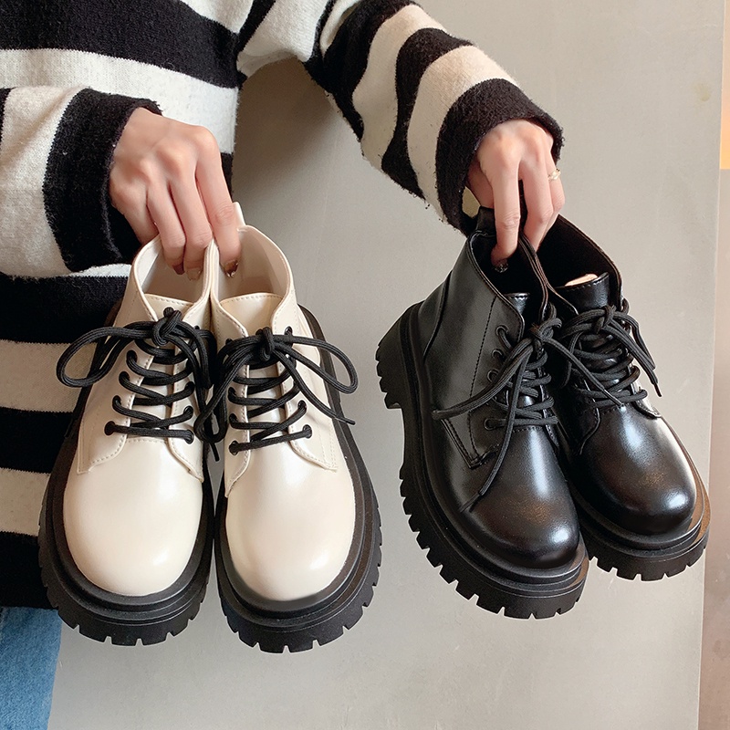 Giày Da Đế Xuồng Cột Dây Phong Cách retro Anh Quốc Cho Nữ