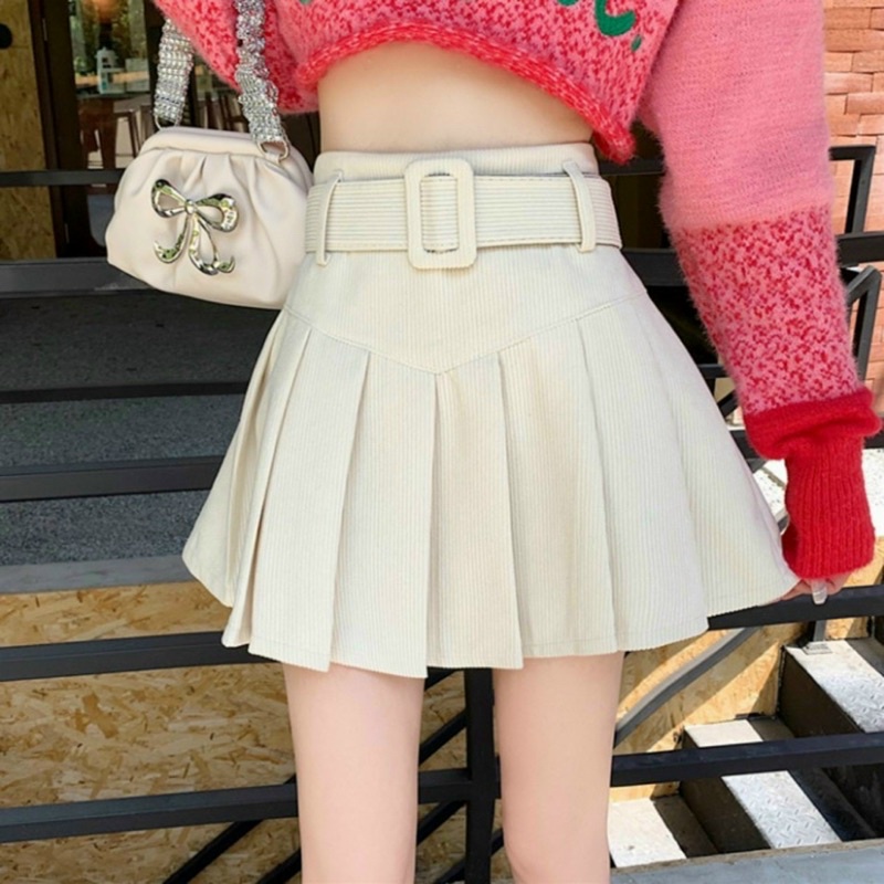 Chân váy Nhung XẾP LY kèm đai CÓ QUẦN TRONG cạp cao, Chân váy ngắn