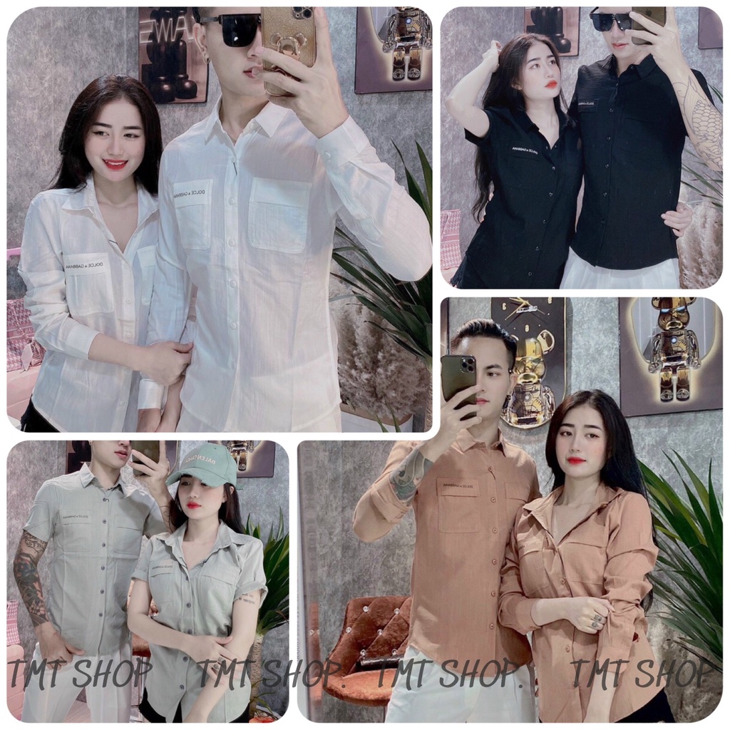 Áo sơ mi couple nam nữ có túi hộp thêu chữ, chất đũi thời trang, áo tay dài - TMT SHOP