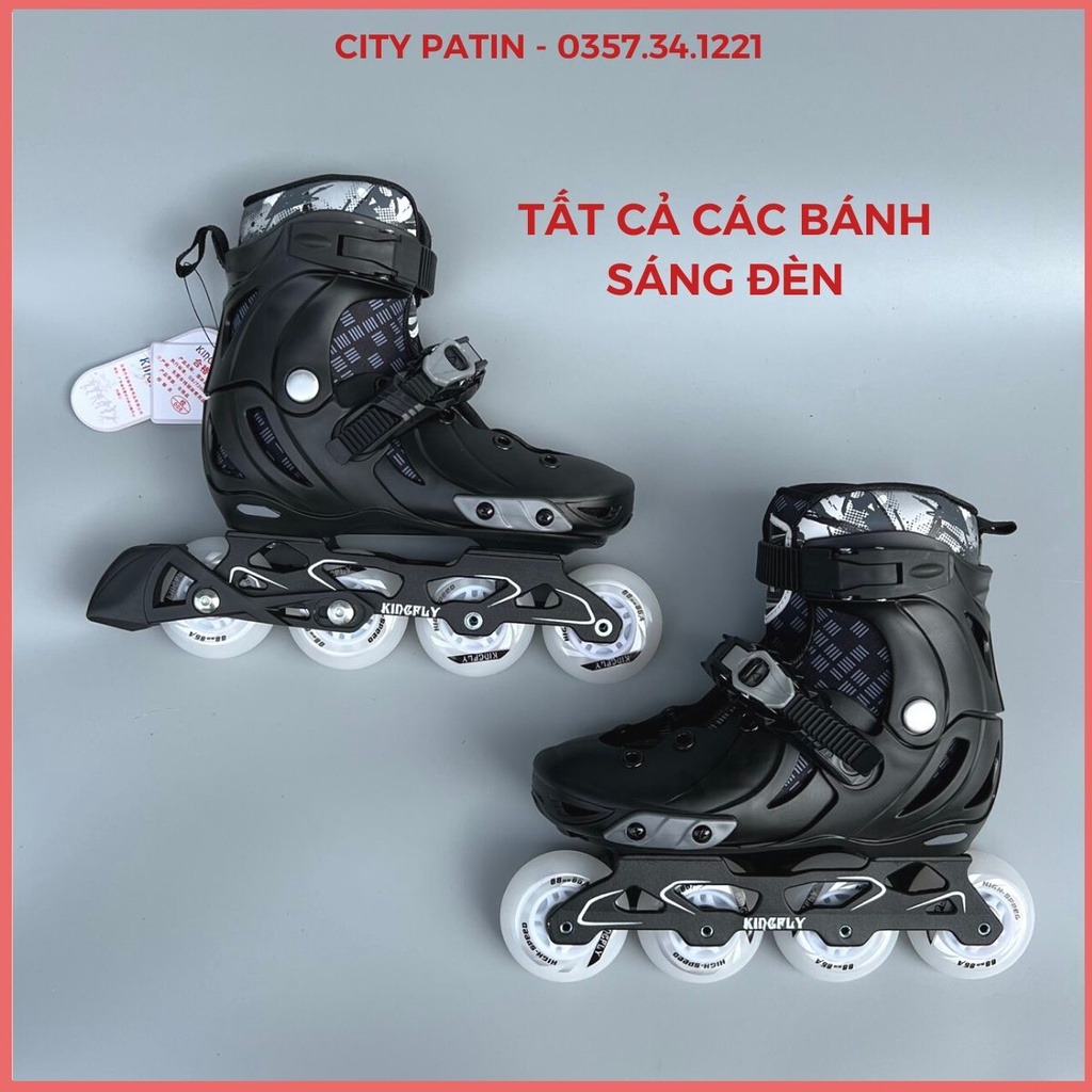 Patin trẻ em người lớn Kingfly W198 bánh cao su đặc, 8 bánh sáng đèn, giày trượt patin chính hãng có bảo hành