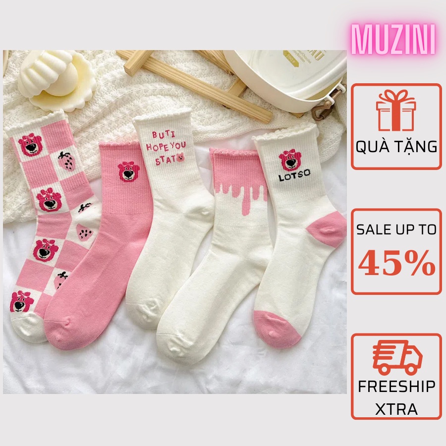Set 5 Tất cổ ngắn Muzini vớ nữ họa tiết caro sọc kẻ Hàn Quốc cực xinh TN255 V1