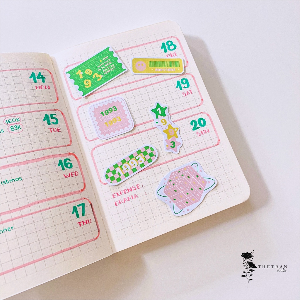 Bộ 15 sticker cute họa tiết bàn cờ caro ô vuông năm sinh / generation sticker pack / thetranstudio