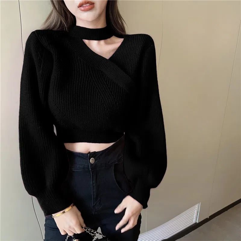 Áo sweater Dệt Kim Ngắn Cổ Yếm Lệch Tà Thời Trang Thu Đông Năm Mới 2022 Cho Nữ