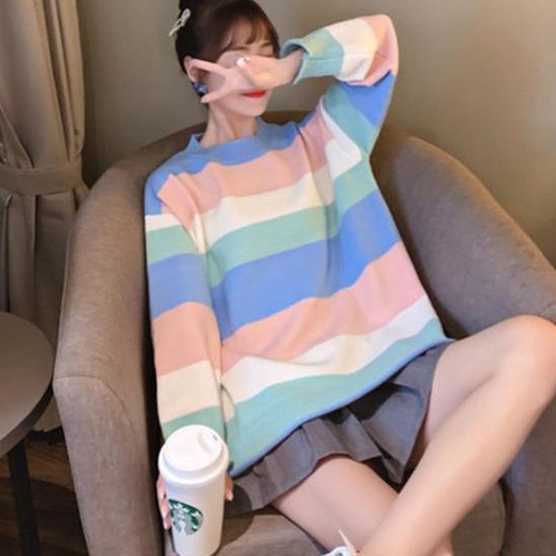 Áo Sweater Dáng Rộng Họa Tiết Kẻ Sọc Màu Cầu Vồng Phong Cách Mới 2020 Dễ Phối Đồ