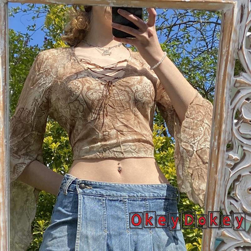 Áo Thun Tay Dài Phối Lưới In Họa Tiết Thời Trang Cho Nữ y2k