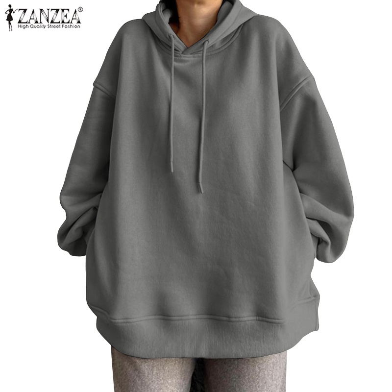 Áo hoodie ZANZEA dài tay màu trơn phong cách Hàn Quốc trẻ trung cho nữ