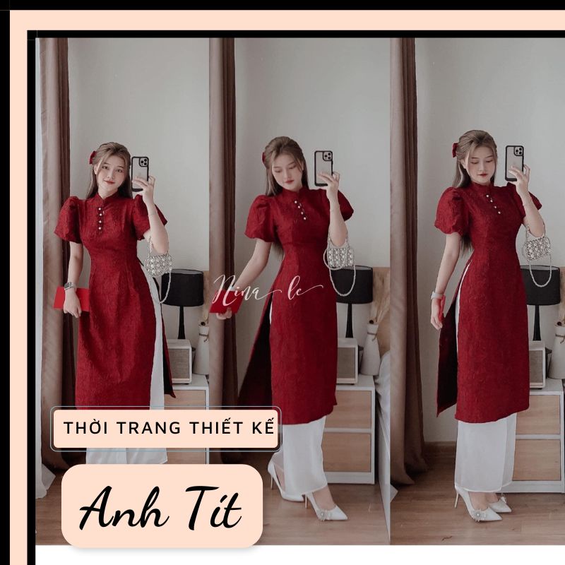 Áo Dài Tết Nữ, Áo Dài Cách Tân Nữ Đỏ Tay Bồng Kèm Quần Suông Chất Gấm Cao Cấp Siêu Xinh Mẫu Hot 2023- Anh Tít Boutique