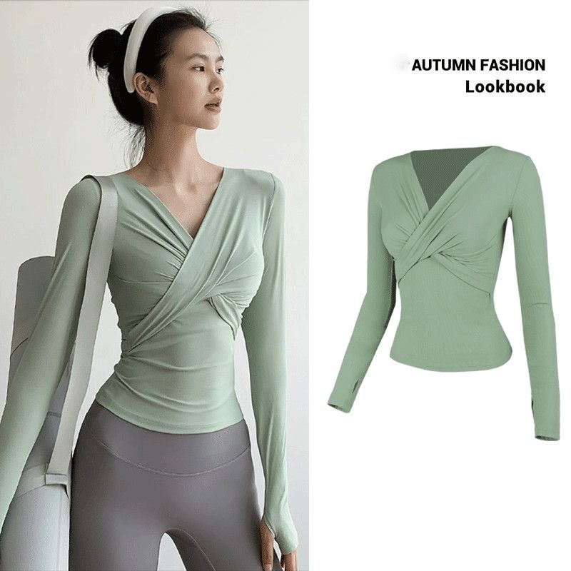 Nude yoga wear long-sleeved t-shirt top | Quần áo tập nhảy cổ điển mùa thu | Tight-fitting mỏng v-cổ thể thao và thể dục quần áo