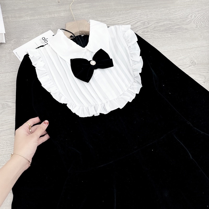 [ 𝐅𝐑𝐄𝐄 𝐒𝐇𝐈𝐏 ] Váy nhung tiểu thư nơ cổ siêu xinh Vải nhung cứng QC cao cấp, đuôi xoè rộng chuẩn mẫu,  khoá lưng dễ mặc