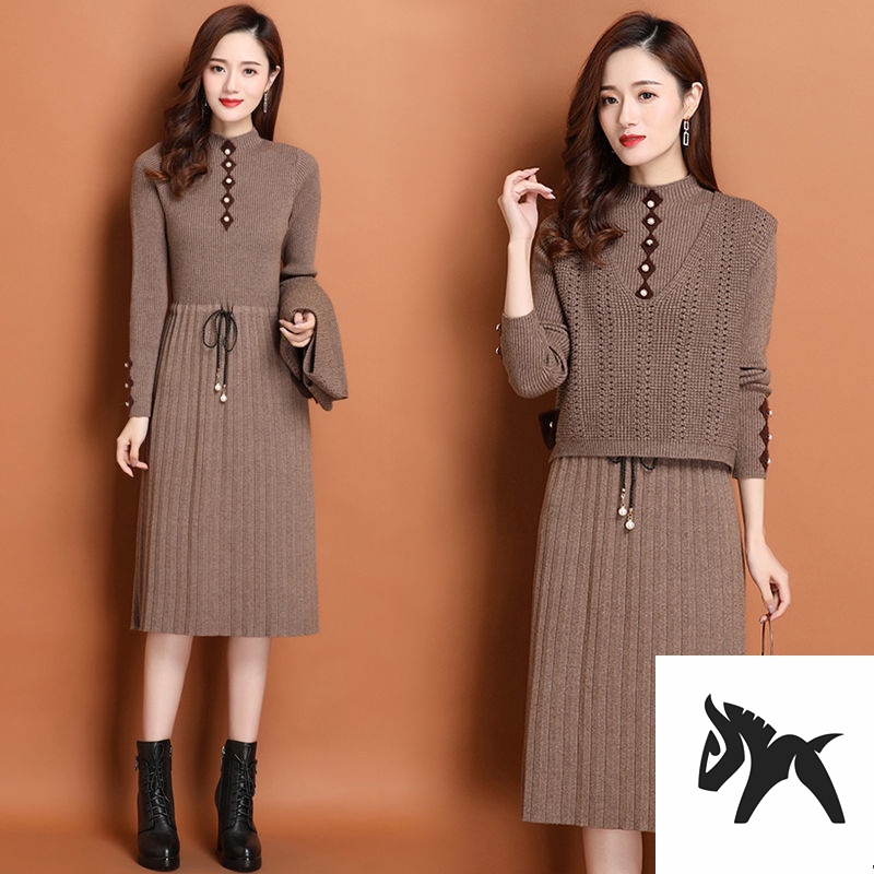 Bộ Áo Sweater Dệt Kim + Chân Váy Dài Qua Gối Ôm Dáng Thời Trang Thu Đông Cho Nữ