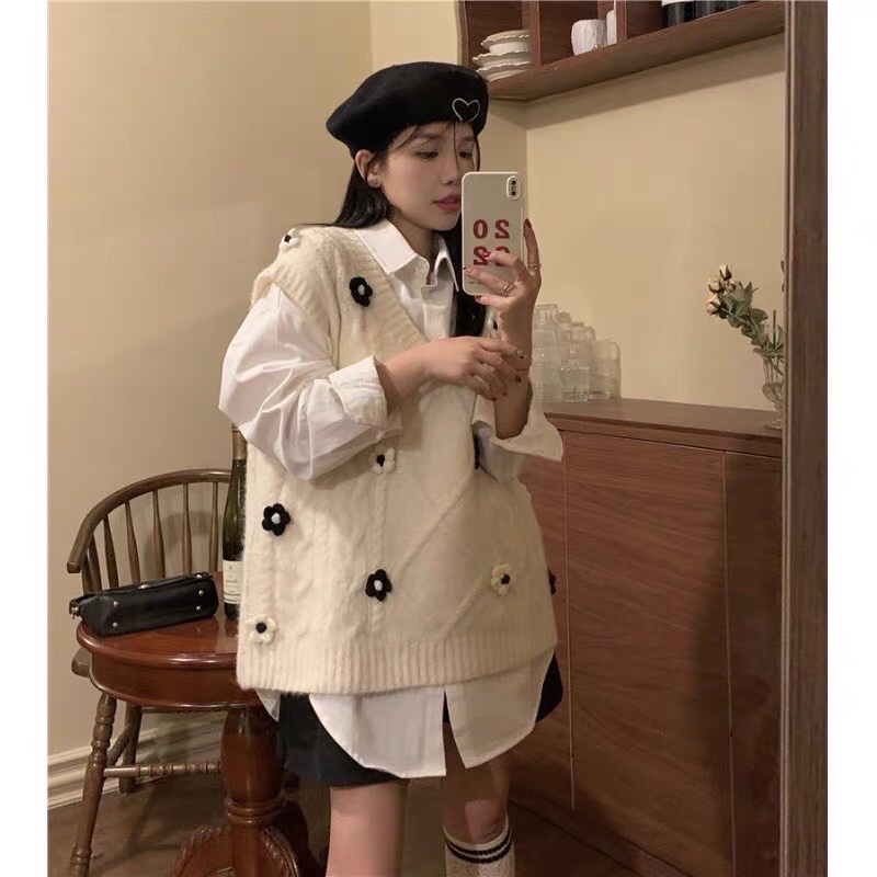Áo gile nữ cổ V form rộng Quảng Châu, gile len vặn thừng đính hoa chất đanh dày