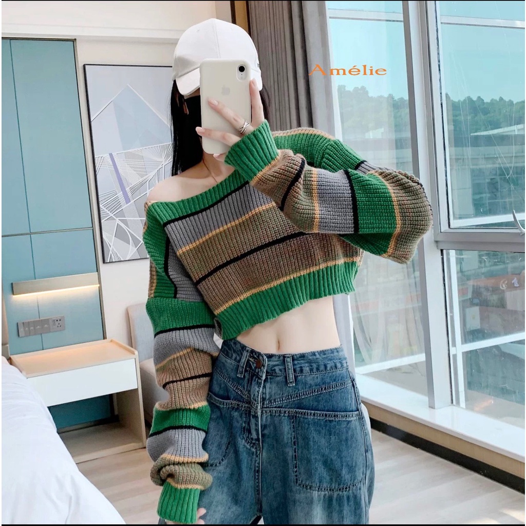 Áo len kẻ xanh phối màu sọc ngang tay dài, áo len kiểu dáng Croptop ...