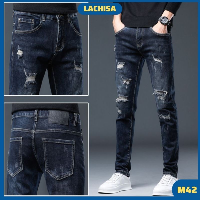 Quần Jean Nam Rách Gối Ống Suông Chất Bò Cao Cấp Co GIãn 4 Chiều Xanh Đậm - Nhiều Mẫu